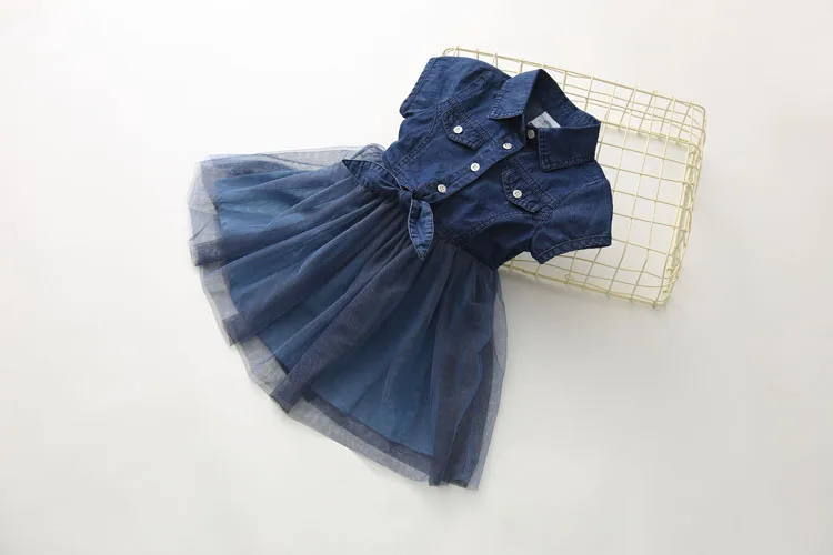 2018 Summer 2-4 6 8 10 Years Little Kids Cute Short Sleeve Turn-down Collar Bow Patchwork Lace Denim Dress For Girls 10 Year Old (10)