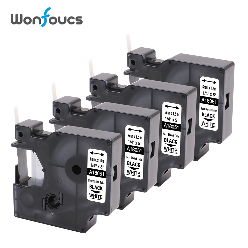 4PK 6 мм Dymo промышленные термоусадочные трубки 18051 черный на белом совместимый 1/4