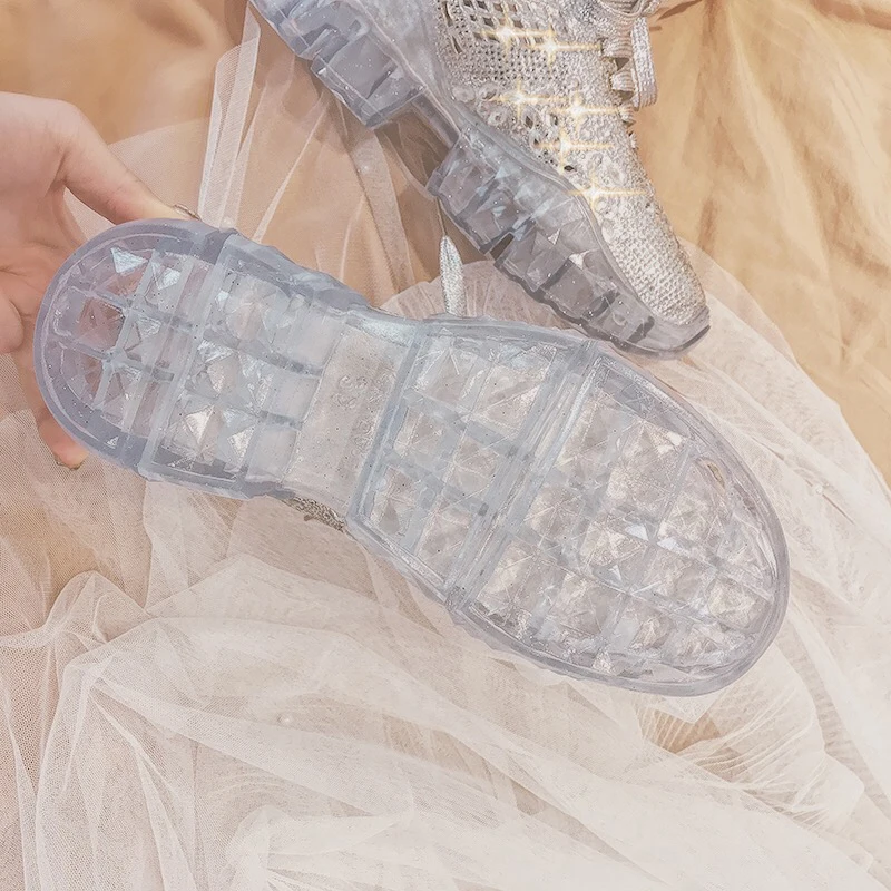 Прозрачная женская обувь на платформе и толстом каблуке; фирменный дизайн; женские кроссовки на шнуровке; блестящая женская повседневная спортивная обувь с кристаллами; Triners