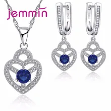 Jemmin 925 Sterling Silver Women Wedding Engagement Jewelry Sets Heart Shape Blue Crystal Statement Necklace Earrings Set Female