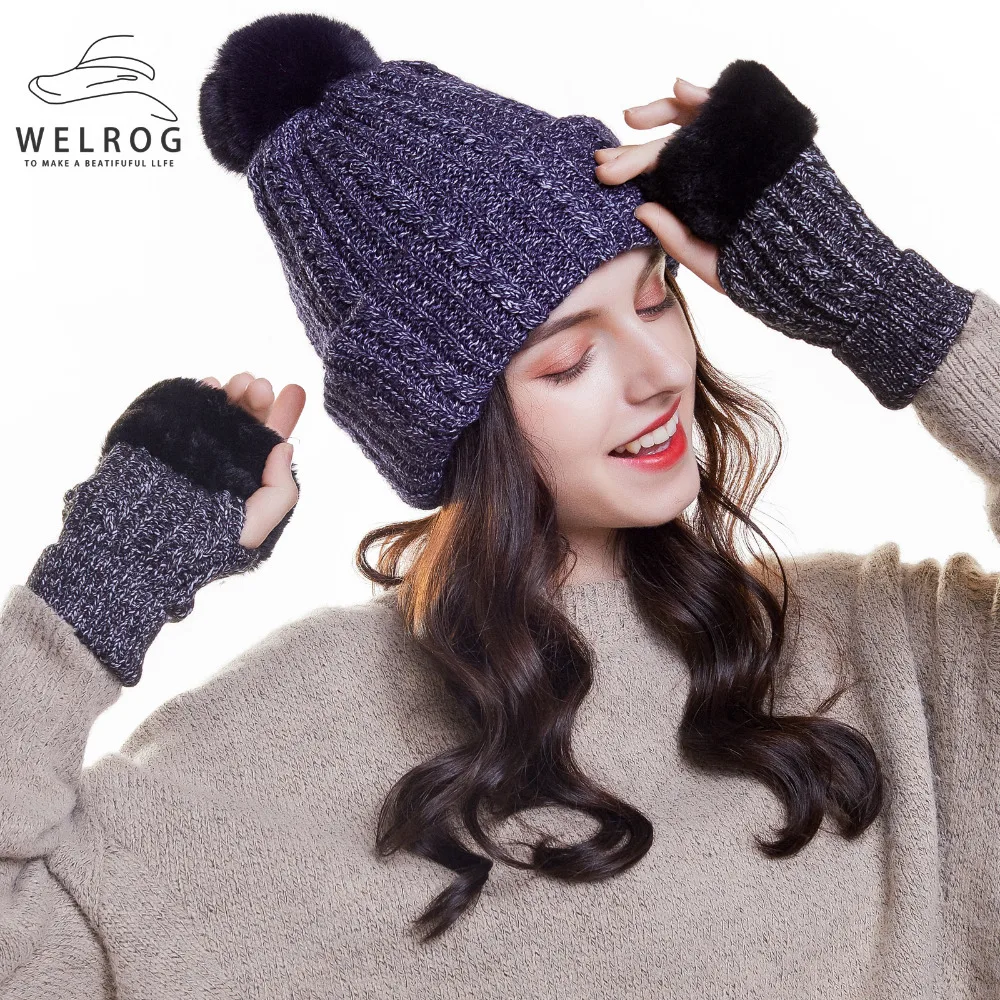 

WELROG Dropshipping 2 pieces Hat and Glove Sets Women Winter Knit Fur Hat Scarf Winter Thick Knitting Cap Warm Gloves for Women
