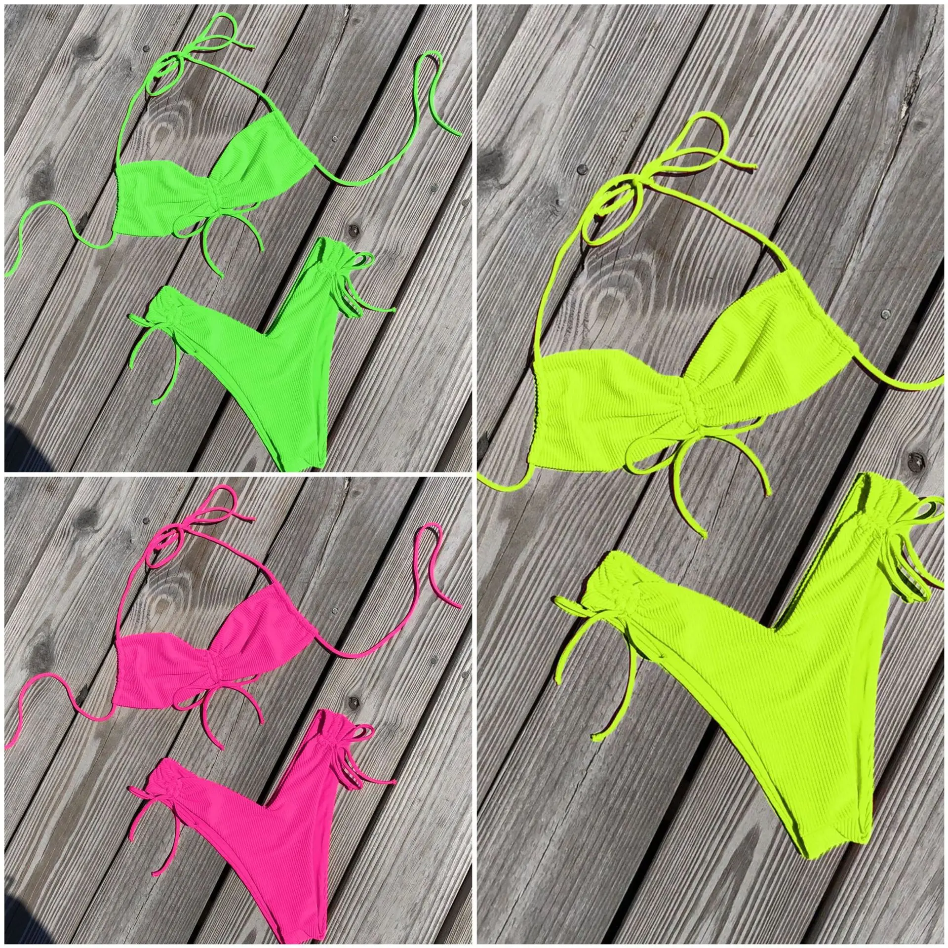 

New Summer Women Solid Bikini Set Push-up Unpadded Bra Swimsuit Swimwear Fluorescence Triangle Bather Suit Swimming Suit Biquini