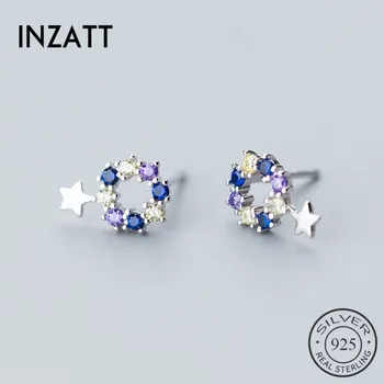 

INZATT Hot Sale Real 925 Sterling Silver Zircon Hollow Round Star Stud Earrings Prevent Allergy For Women Fine Jewelry Gift