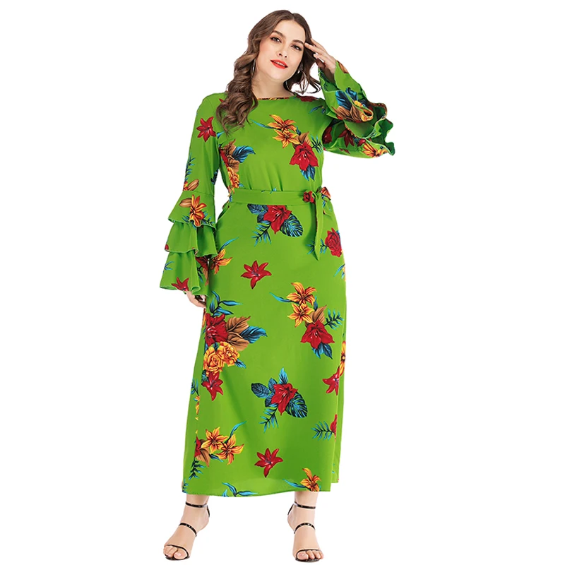 Женское летнее платье макси с цветочным рисунком, с оборками, с длинным рукавом, Элегантное Длинное Платье трапециевидной формы, свободные, негабаритные, туника, пляжные платья - Цвет: Зеленый