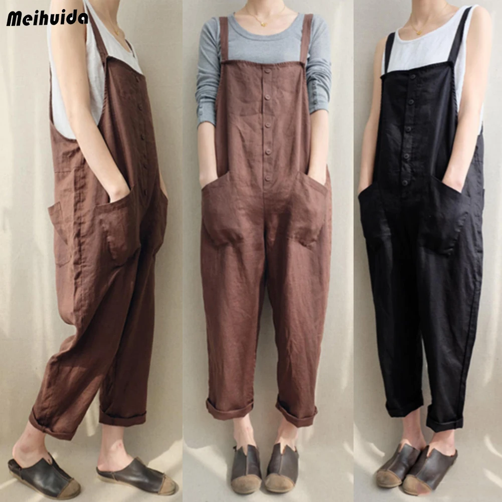 Женские повседневные хлопковые комбинезоны с ремешком Dungaree свободные брюки
