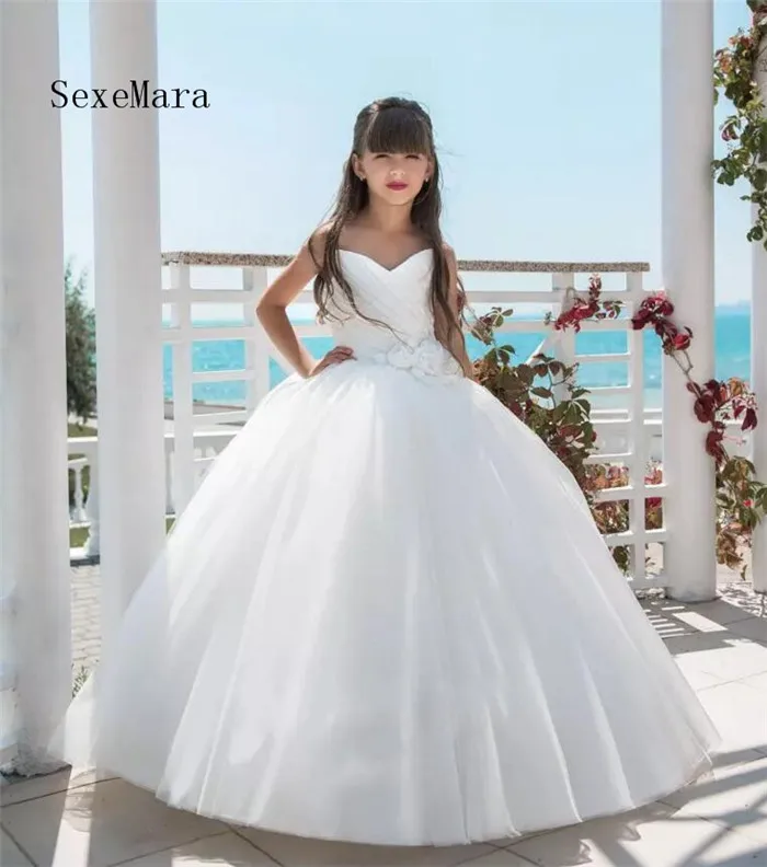 

Princess Ball Gown Flower Girls Dresses For Wedding Sweetheart Sleeveless 3D Floral Flower Floor Length Communion Dresses