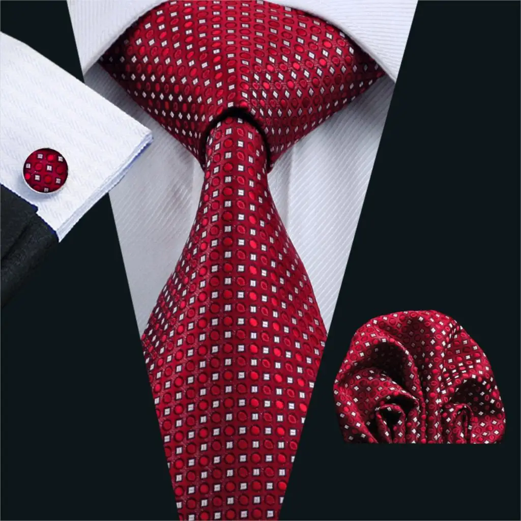 

FA-709 Mens Tie Red Geometric Silk Jacquard Neck tie Tie Hanky Cufflinks Set Ties For Men Business Wedding Party Free Shipping