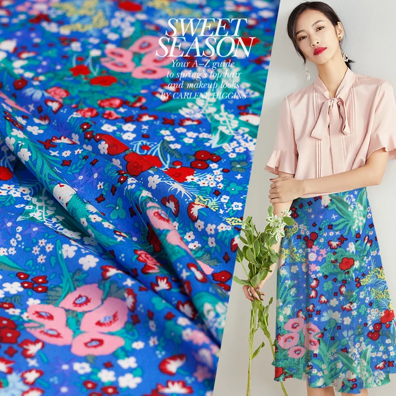 

Pearlsilk 12momme blue flowers digital printed crepe de chine 100%mulberry silk summer dress DIY clothes fabrics Freeshipping