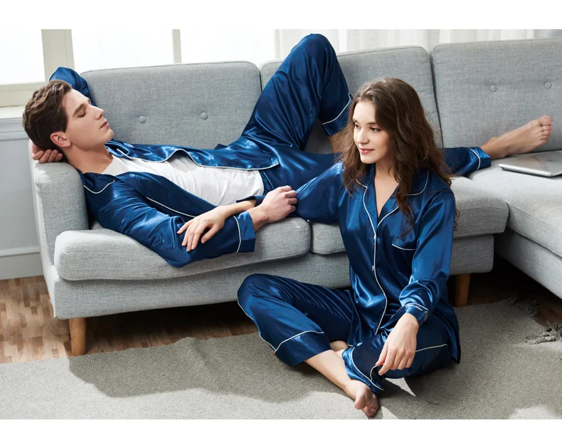 CherLemon пара атласных пижам наборы Mr and Mrs длинные кнопки вниз шелковистые пижамы весна мягкий Королевский синий ночные рубашки для женщин и мужчин