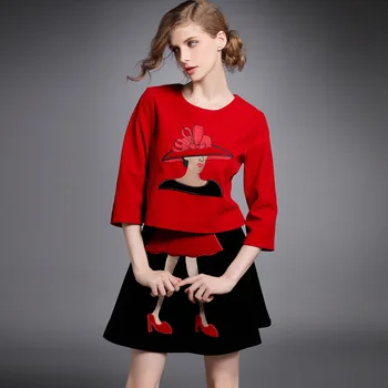 

Women short t-shirt and skirt lady sets embroidery character