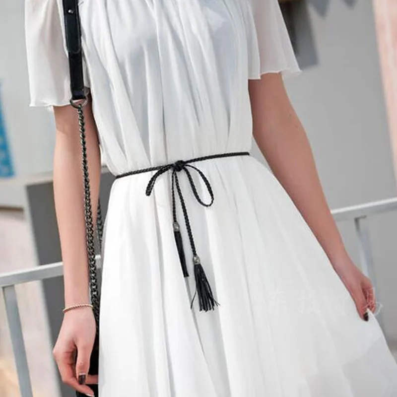 2018 Women Vivid Braided Waist Belt Thin Tassel Bow Rope Dress Belt