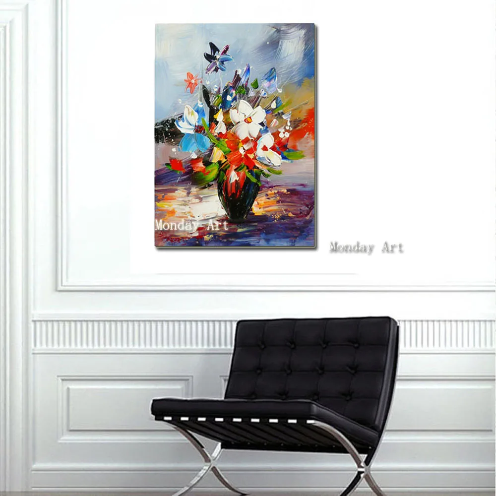 Vase-of-Colorful-Flowers-Hand-Painted-Textured-Palette-Knife-Abstract-Floral-Art-Oil-Painting-On-Canvas