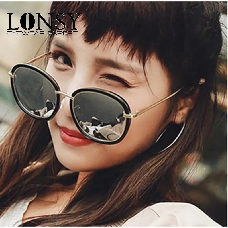 LONSY Мода Круглый женские солнцезащитные очкив ретро стиле стиль металла рамки защита от солнца очки известный леди брендовая Дизайнерская