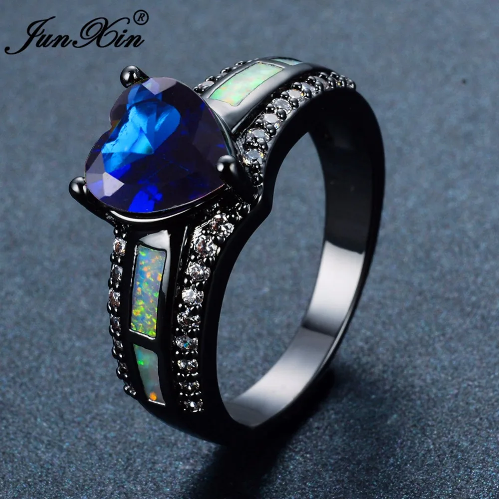 JUNXIN очаровательные кольца с разноцветным сердцем, цирконием, голубой/белый/розовый, огненный опал, кольца для женщин, винтажная мода, черное Золотое кольцо с камнем рождения