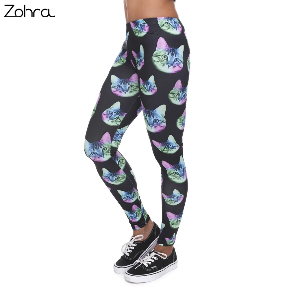 Zohra Fashion Leggings Women Neon Cat Black Printing Fitness Legging