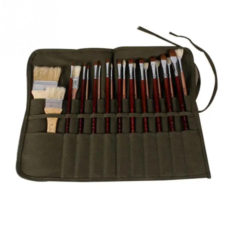 

1PCS Artist Painting Brush Bag Watercolor Draw Pen Oil Paint Pen Stationery Cases Holder Roll Up Army Green Canvas Pouch