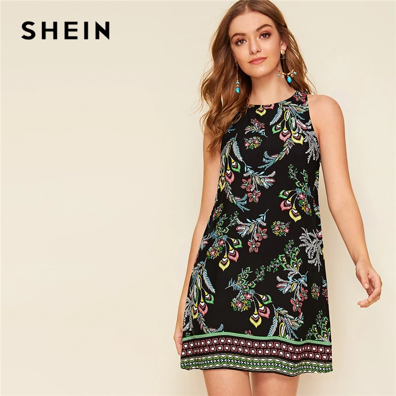 SHEIN летнее платье с ацтекским принтом и замочной скважиной на спине, без рукавов, с круглым вырезом, прямое женское платье, Boho, с цветочным рисунком, мини-платье