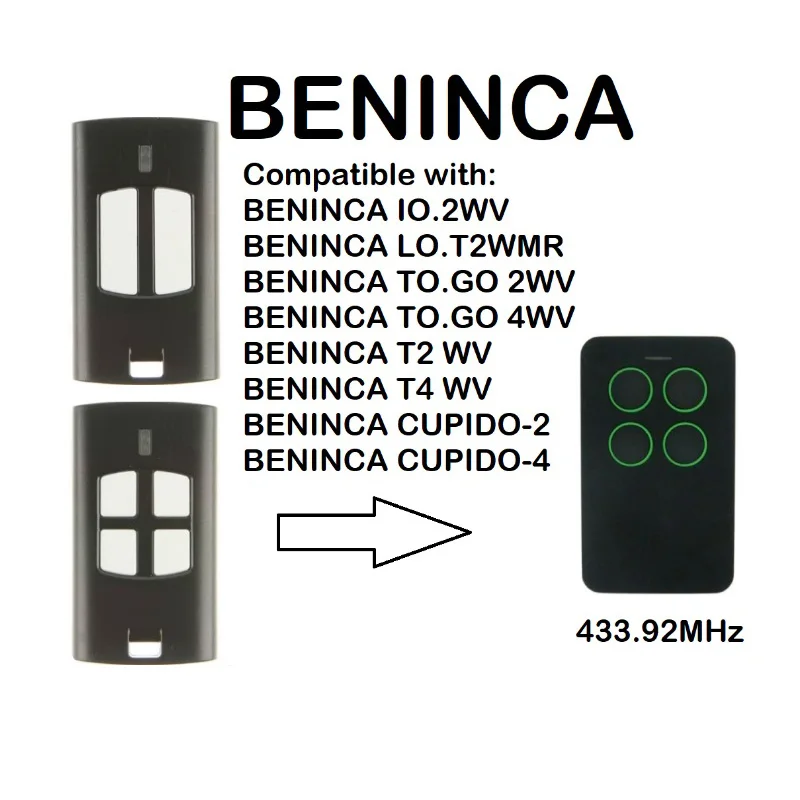 

BENINCA TO.GO 2WV, TO.GO 4WV Compatible Remote Control Rolling Code 433.92MHz.