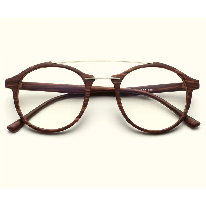 

Round vintage imitation wood double beam glasses frame men and women classic decoration high quality flat mirror with box LXL