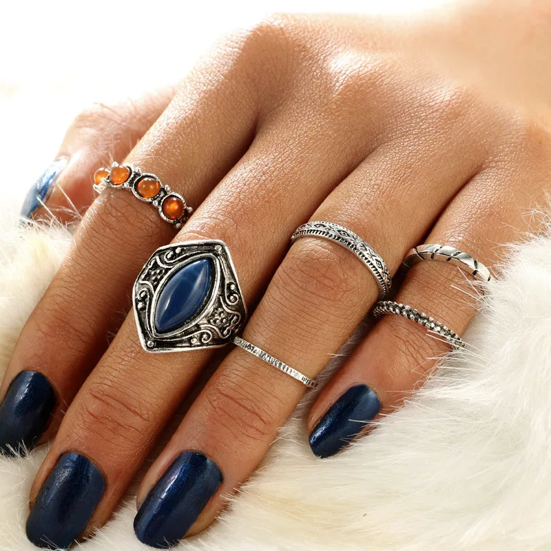 Bohemia rhombic blue crystal Knuckle rings set Vintage geometry Carved