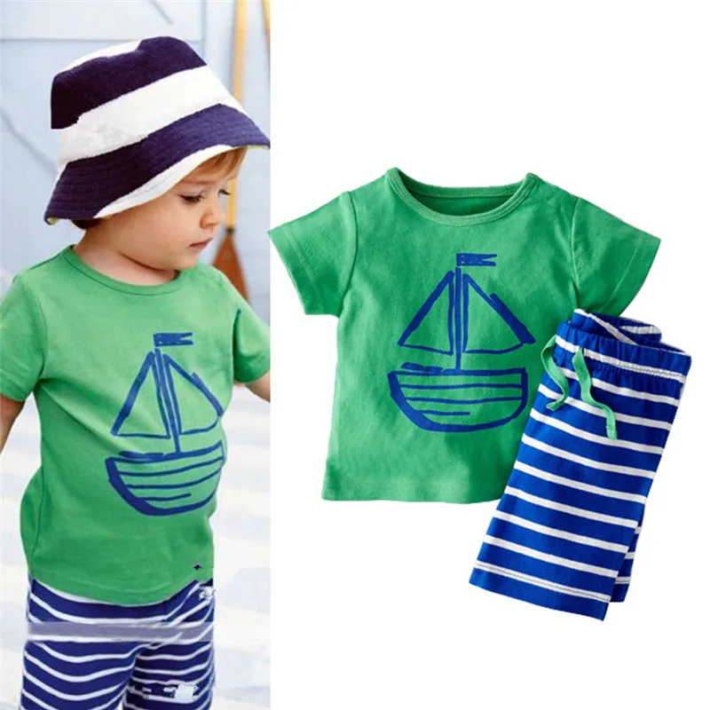 

UNIKIDS 2 PCS Summer Clothing Set Cartoon Boat Printed T-Shirt Stripe Shorts Children Baby Boy Clothes Hot