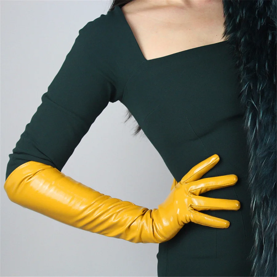 Женские модные перчатки 28 см из лакированной кожи средней длины перчатки из искусственной кожи Яркие Кожаные желтые QPJH04