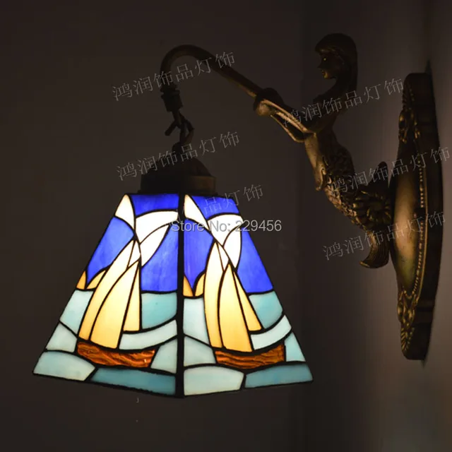Tiffany Wall Lamp Mediterranean Sea Sailboat Stained Gl Mermaid Tiffany Wall Lamp Mediterranean Sea Sailboat Stained Gl Mermaid Sconces Bedside Cabinet Bathroom Fixtures E27
