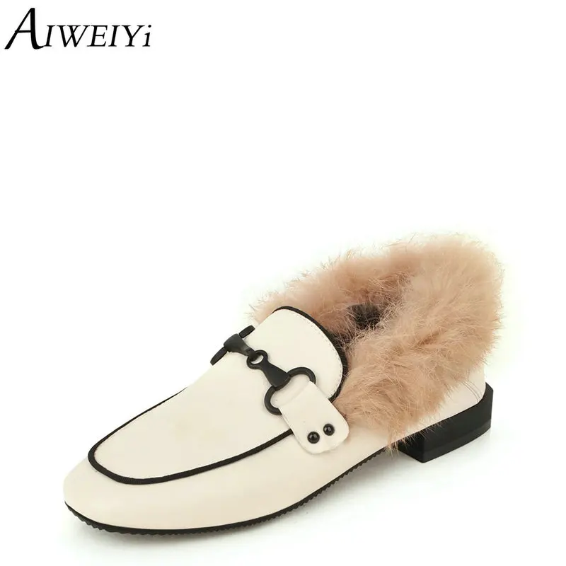 

AIWEIYi Ankle Boots for Women Square toe Fur Warm Winter Shoes Black Beige Slip On Casual Shoes Woman Short Botas Mujer