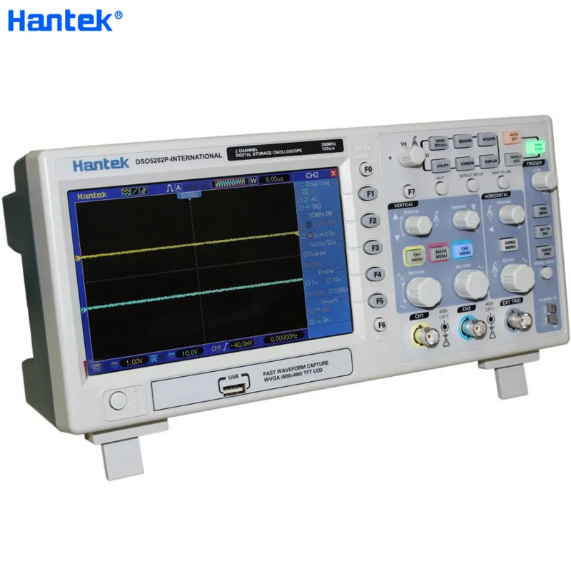 

Hantek DSO5202P Digital Storage Oscilloscope USB 200MHz Bandwidth 2 Channels 1GSa/s 7inch TFT LCD PC Record Length 40K