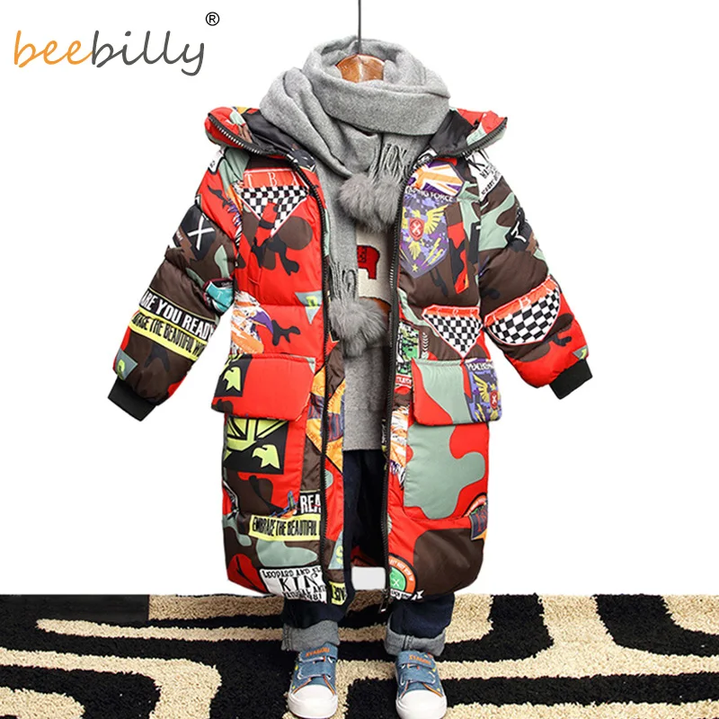 Best Jacket for Boys 2019 New Brand Hooded Winter Jackets Graffiti Camouflage Parkas For Teenagers Boys Thick Long Coat Kids Clothes