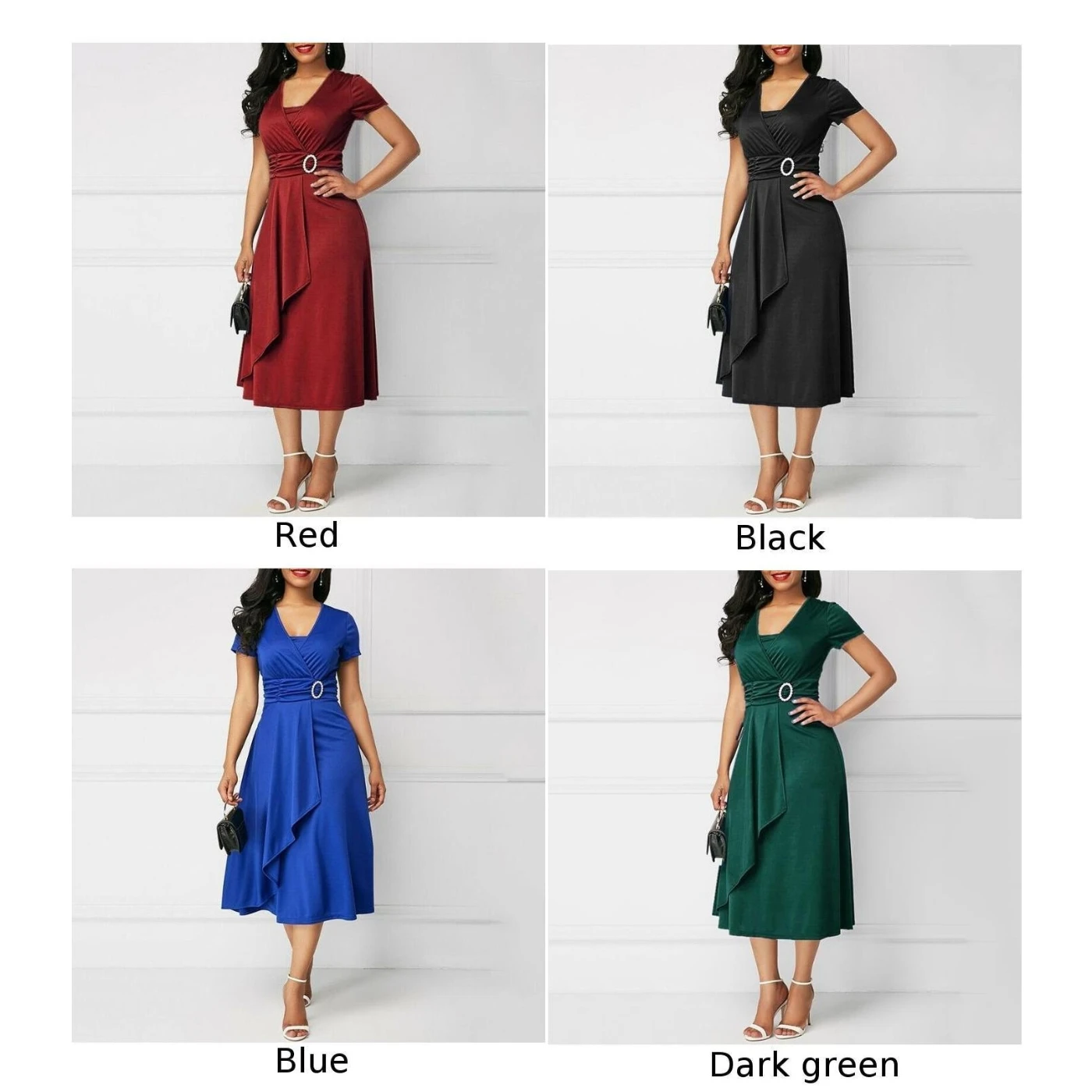 Женское платье, элегантное, короткий рукав, ассиметричное, одноцветное, Vestidos, v-образный вырез, высокая талия, ТРАПЕЦИЕВИДНОЕ, женское платье