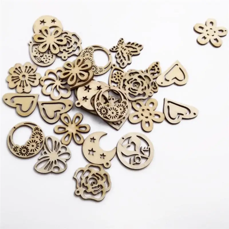 50pcs Mix Laser Cut Wooden Pendant Decorative DIY Craft Wood Pendant Jewelry Earing Making Sewing Buttons Natural Material A3
