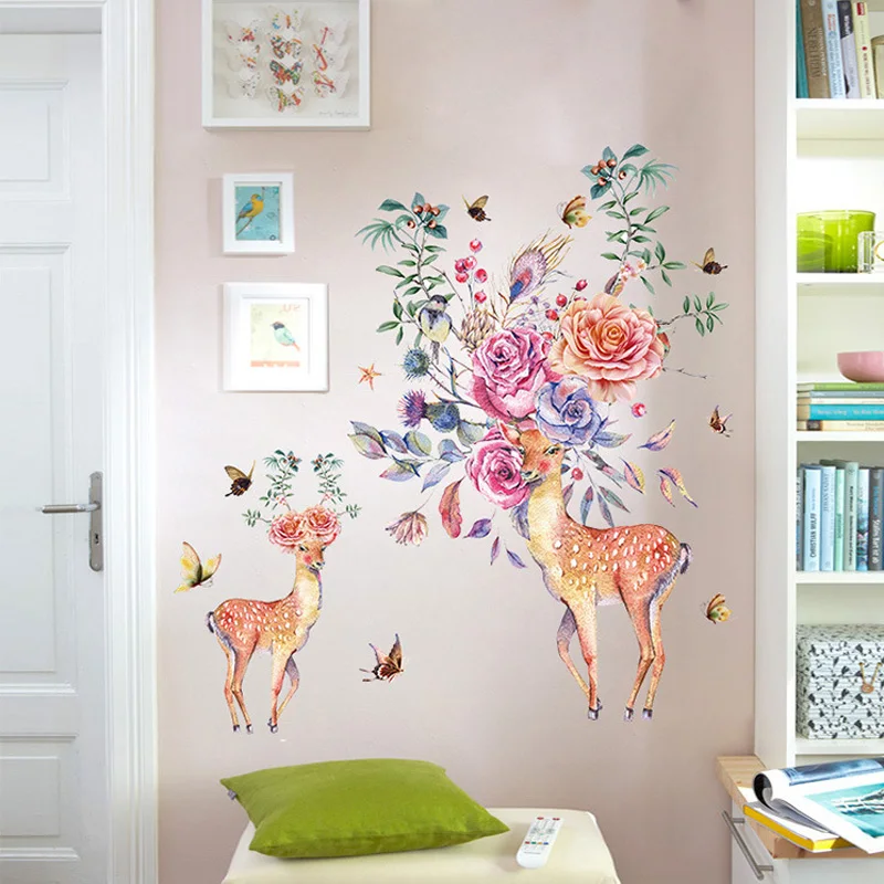 

Hand painted Watercolor Sika Deer wall sticker Vinyl DIY wall decals For Living room sofa background wall study decor stickers