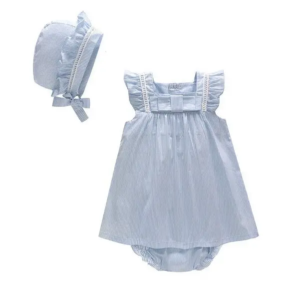 

Blue Fashion Lace Baby Rompers Dress Baby Girls Clothes Newborn Cotton Jumpsuit Clothes Set 2Pcs Romper+ Hat