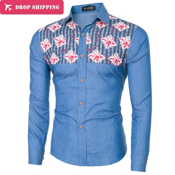 

Slim Fit Casual Men Long Sleeve Shirt Slimming Menswear National British Flag Hawaii Mens Denim Shirt Male Clothes Blue Shirt