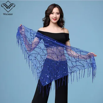 

Wechery Waist Band for Dancing Floral Mesh Scarf with Sequins Tassels Blue Red Yellow Black Waist Belt for Women Ladies