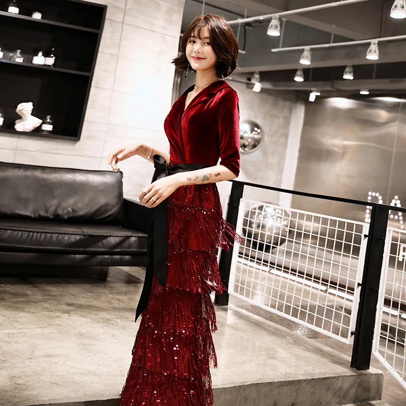 weiyin 2019 Velvet Evening Dresses Long Mermaid V-Neck Formal Dress Sequined Abendkleider Women robe de soiree longue WY1259