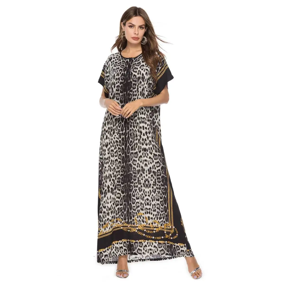 Летнее женское мусульманское платье размера плюс с леопардовым принтом модное исламское свободное богемное платье кафтан ОАЭ Рамадан халат VKDR1676 - Цвет: Черный