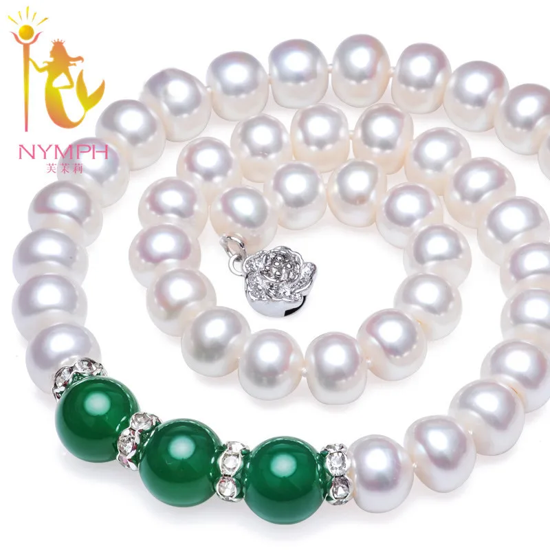 

NYMPH Natural pearl necklace Fine Jewelry 9-10mm Freshwater Pearl Choker Necklace Red /Green Agate For Mother Trendy Gift X911