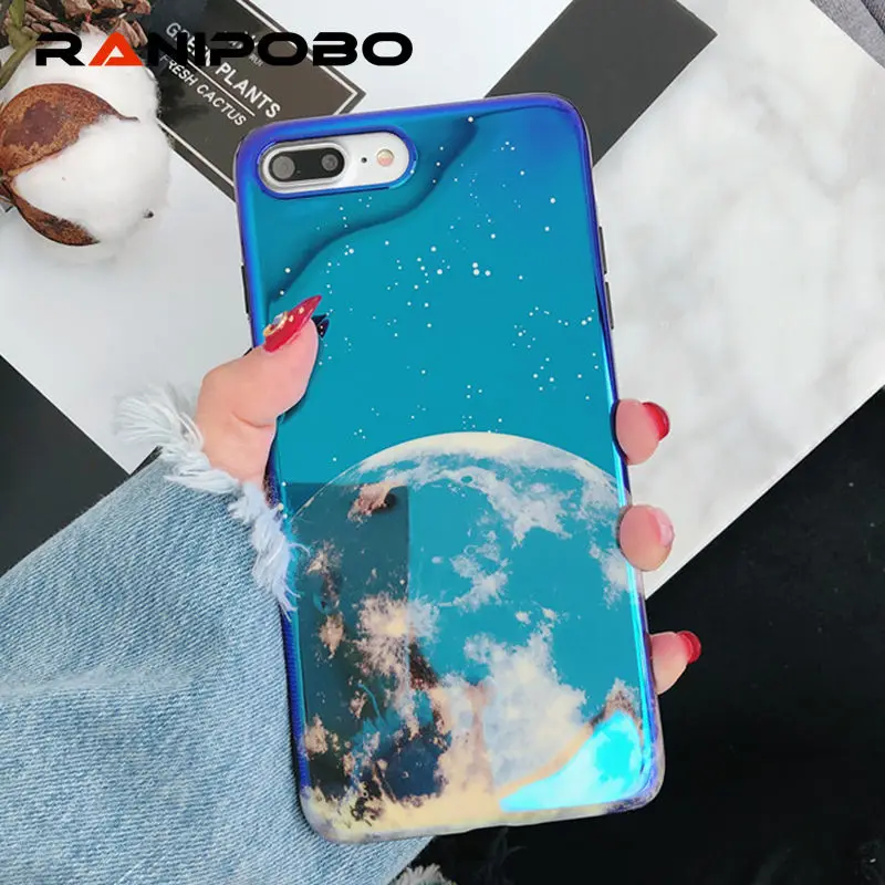 

Blu-Ray Moon Planet Smooth Phone Case For iPhone X 6 6S Plus 7 7Plus 8 8Plus Fashion Retro Soft IMD Phone Back Cover