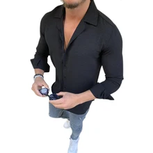 Новинка, Мужская льняная рубашка на пуговицах с длинным рукавом, Повседневная облегающая однотонная Сексуальная Гавайская пляжная блузка, топы с лацканами, M-3XL, модная летняя одежда