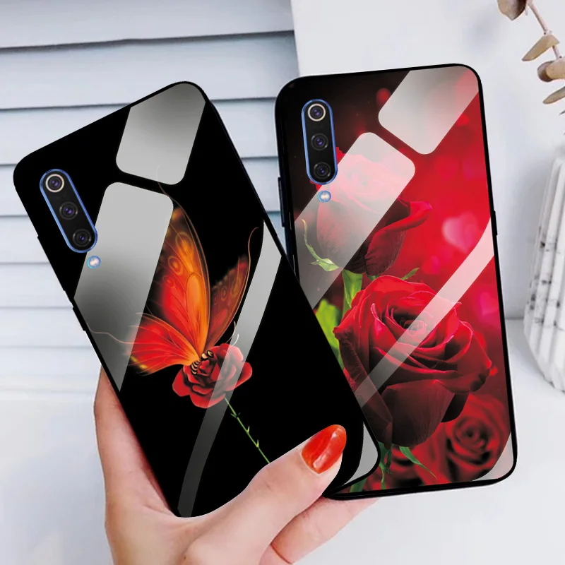 Luxury Tempered Glass Case For Xiaomi Mi8 Mi9 SE Cover Lite Red Rose Mi 9T Pro Pocophone F1 |