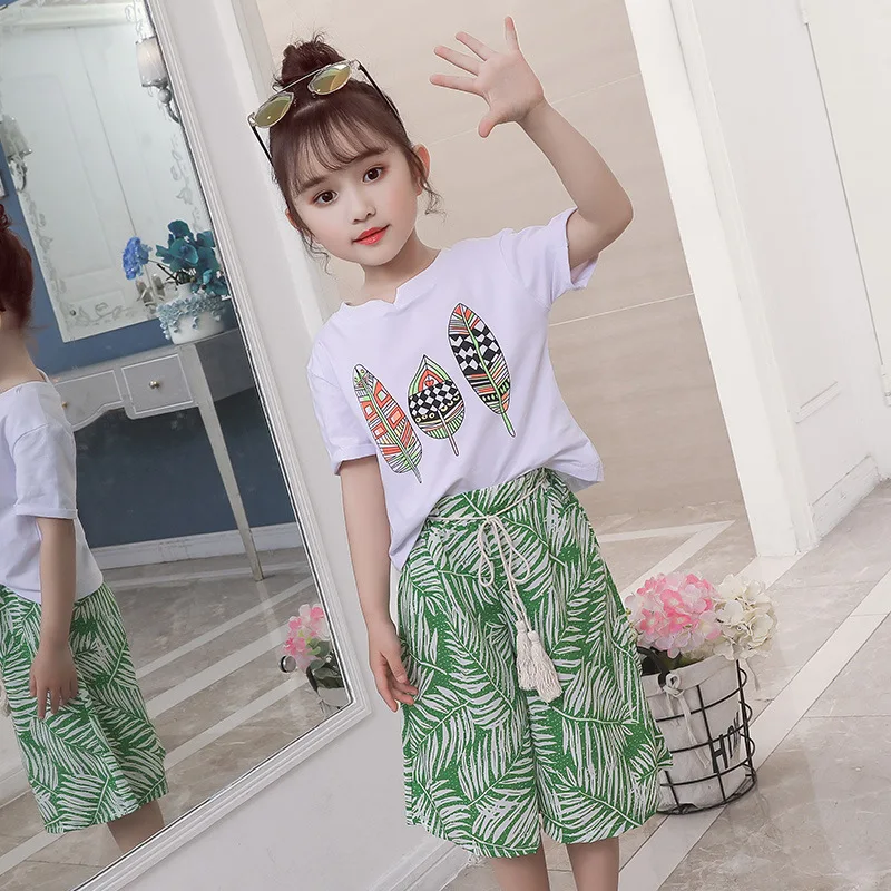 Fashion Girls T-shirt And Pants Clothes Sets Children Cotton T-shirt Loose Pants Capris Suit Summer Kids Sports Clothing Set