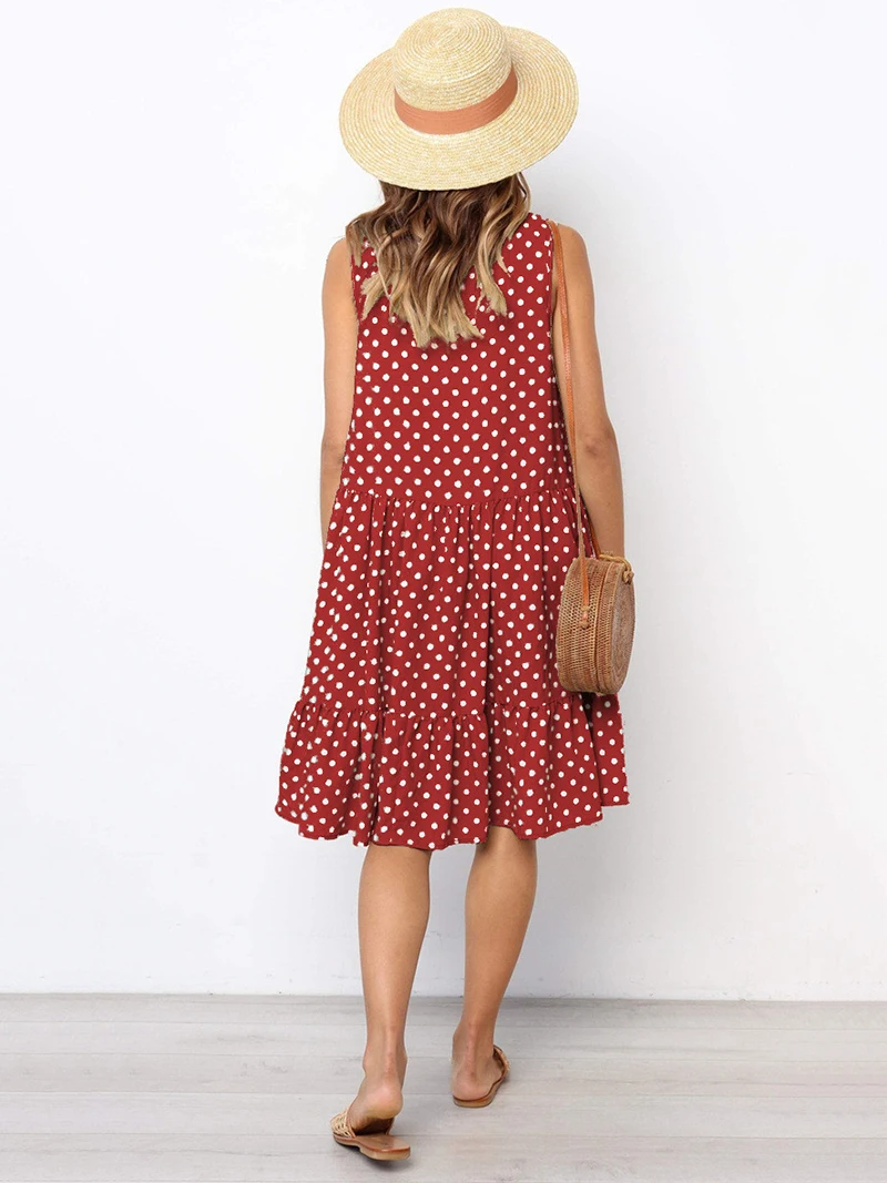 Women's Amazing O-Neck Ruffles Dot Printed Sleeveless Dress-Red Back