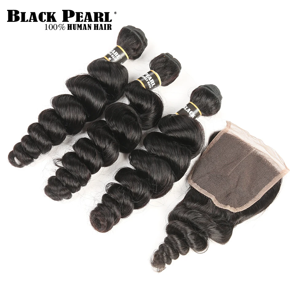 

Black Pearl Pre-Colored Non-Remy Human Hair bundles with Closure Loose Wave Brazilian Hair Weave 3 Bundles with Lace Closure