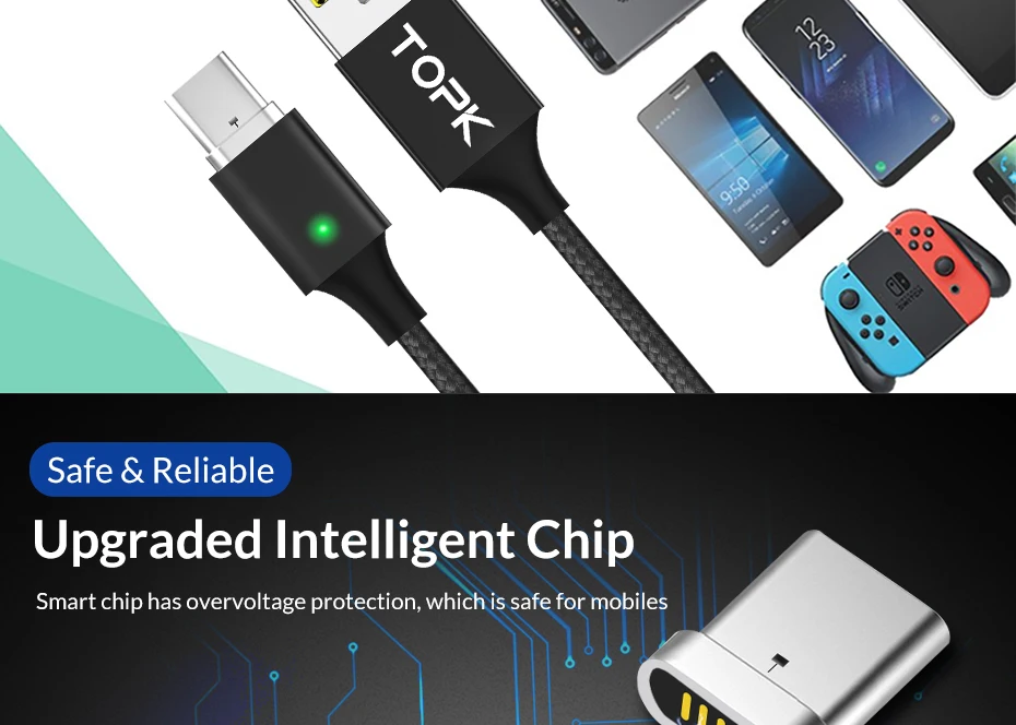 TOPK F-Line2 type C Магнитный кабель Usb C нейлоновый кабель для передачи данных и зарядного устройства для samsung Galaxy S9 Note 9 one Plus 6 Xiaomi Mi a2