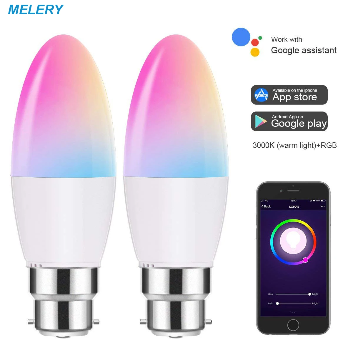 

Smart WiFi LED Candle Bulbs B22 5W Equal 40W RGB+Warm/Day White Colour Changing Mood Light Works with Alexa Google Home-2Pack