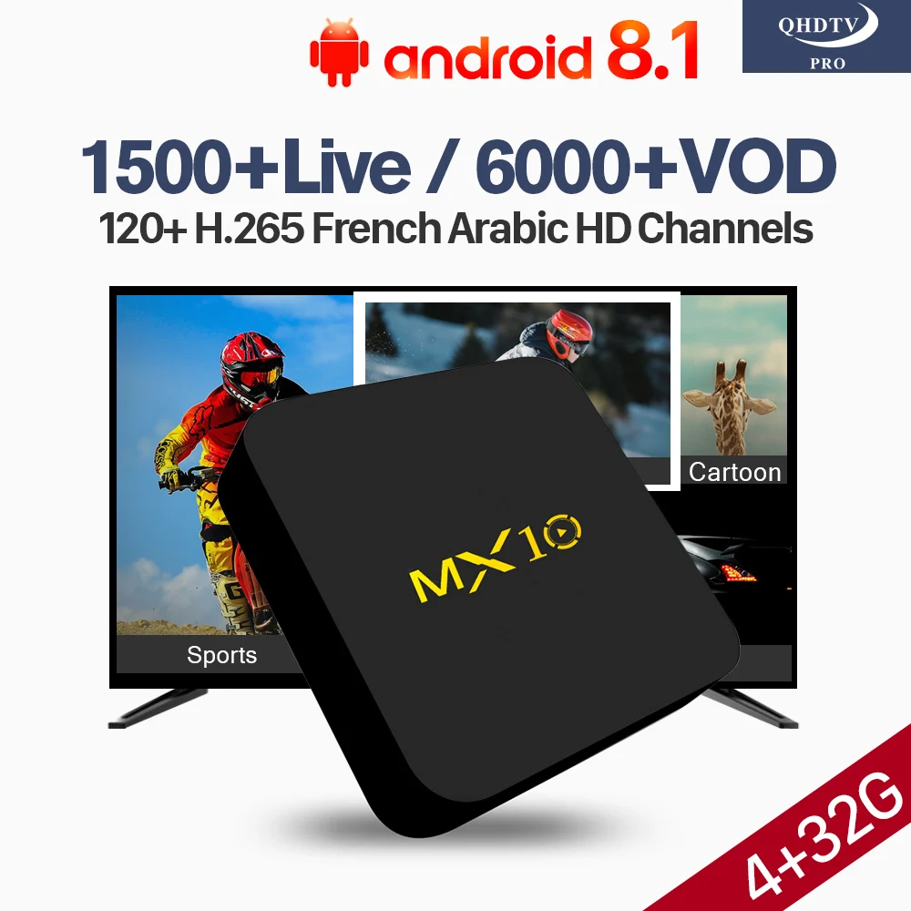 

QHDTV Pro MX10 4G 32G IPTV Subscription Code Box Android 8.1 WiFi 4K H.265 Decoder France Arabic 1 Year Algeria Lebanon IP TV