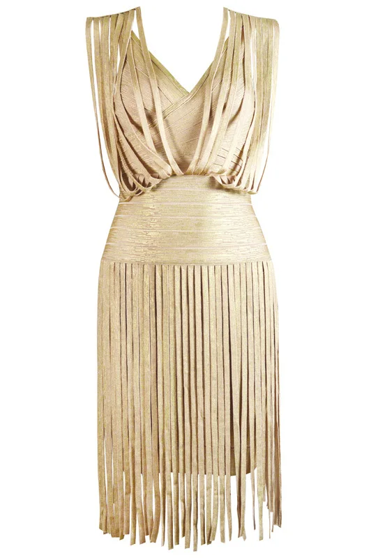 Hytrade, женское коктейльное платье, элегантное, с бахромой, золото, металлик, v-образный вырез, облегающее, мини, фольга, с принтом, вискоза, Бандажное, вечерние, знаменитое платье - Цвет: Gold