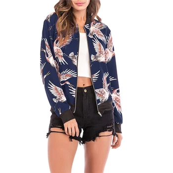 

New Fashion Women Retro Crane Floral Print Zipper Jacket Clothes O Neck Long Lantern Sleeve Coat Ladies Casual Outwear Autumn